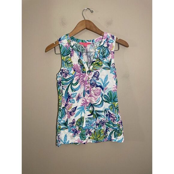 Lilly Pulitzer Essie Printed Tank Blouse Top Smocked Cotton‎ Resort Sz XS Floral - Picture 3 of 5